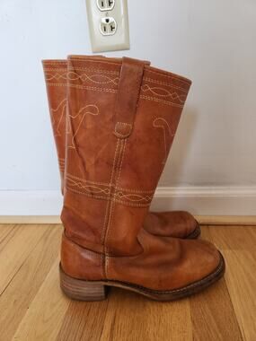 Vtg Unbranded Campus Boots 8.5 D Mens Tan Light Brown Leather Longhorn Stitched